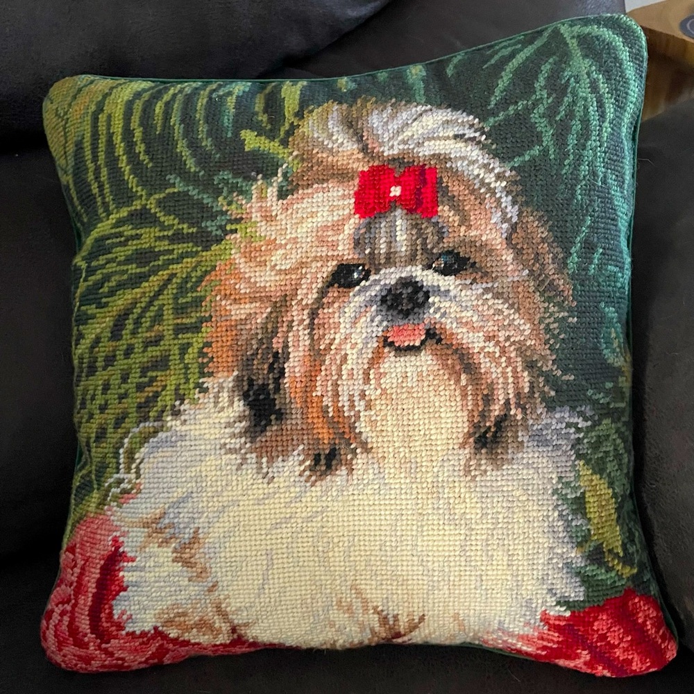Vintage Shih Tzu Needlepoint Pillow